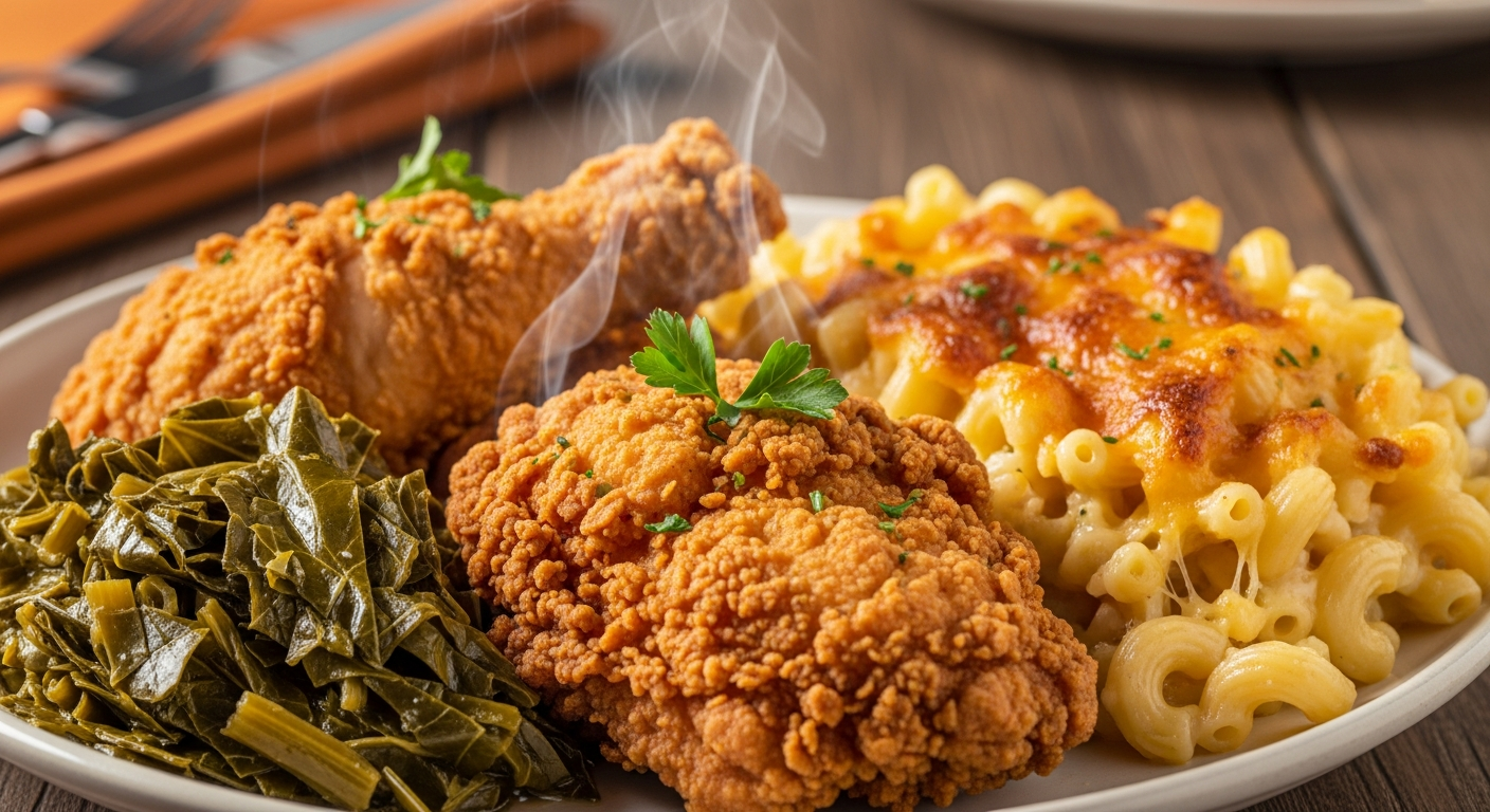 Delicious soul food plate with fried chicken and mac and cheese