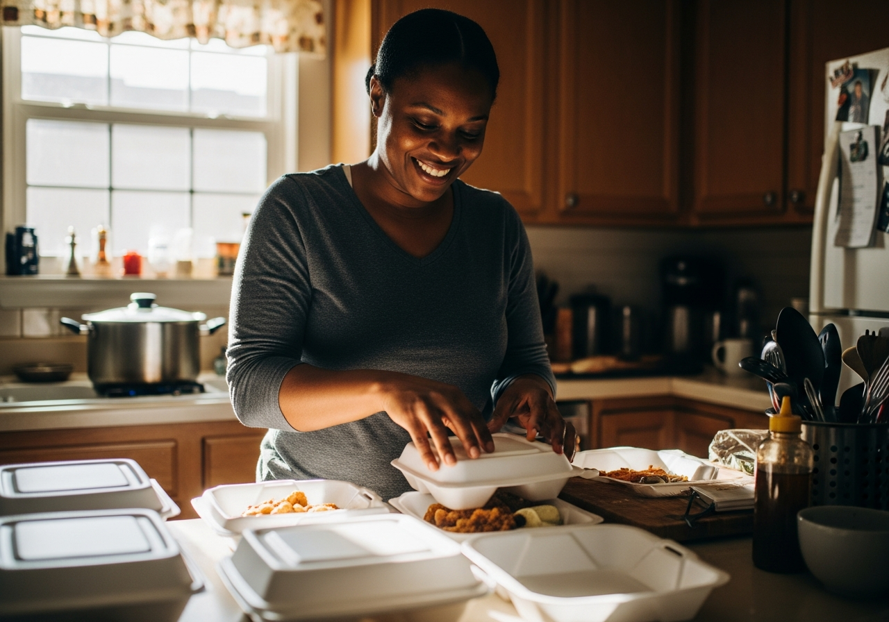 Woman happily packaging food plates in her kitchen