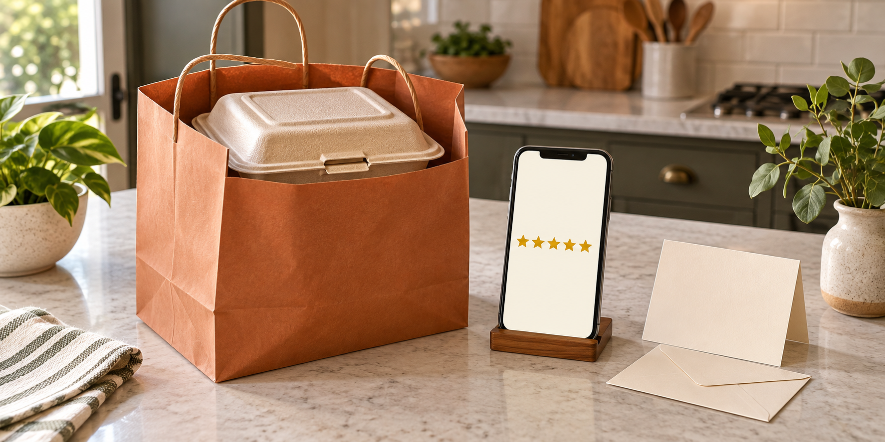 A sealed takeout order beside a phone showing five gold stars and blank thank-you cards on a kitchen counter.