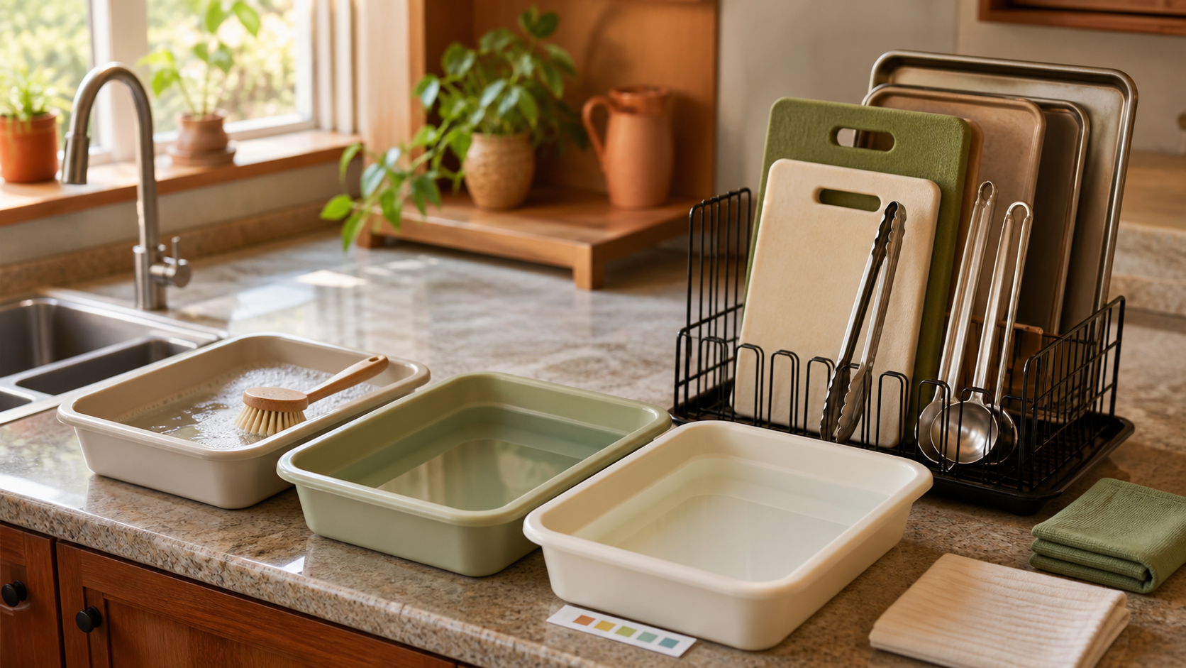 Three wash, rinse, and sanitizing basins beside clean cutting boards and utensils standing in an open air-drying rack.