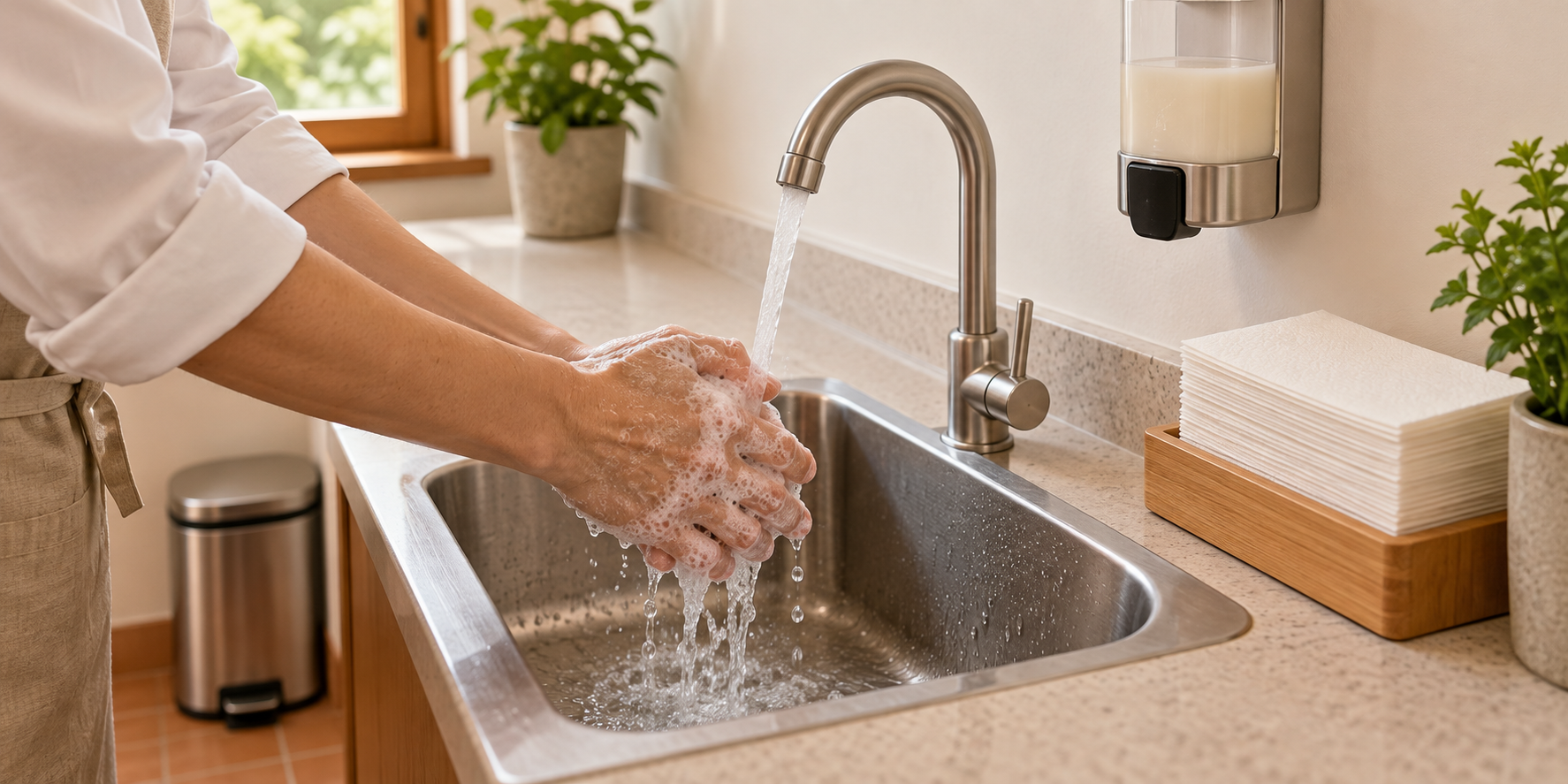 A food worker washing bare hands at a clean sink beside soap, paper towels, and a foot-pedal bin.