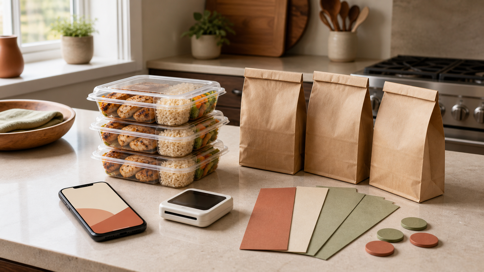 Sealed meal containers, a phone, payment card reader, pickup bags, and color-coded blank order cards arranged on a kitchen counter.