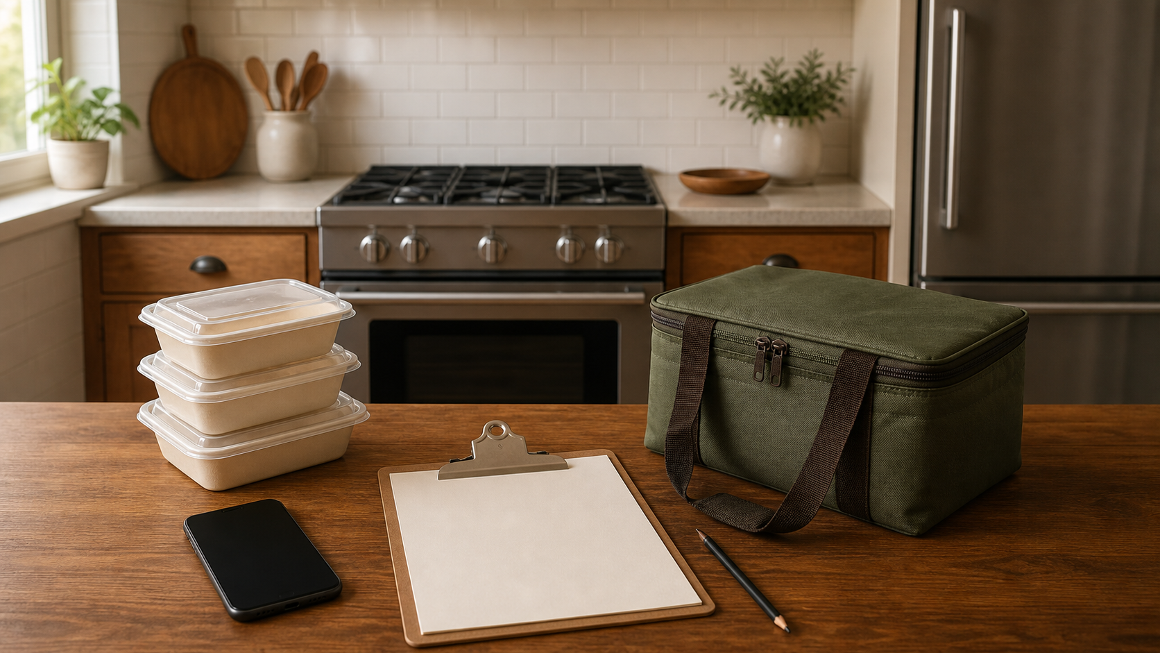 An inactive stove beside sealed empty meal containers, a phone, and a blank cancellation planner in a clean kitchen.