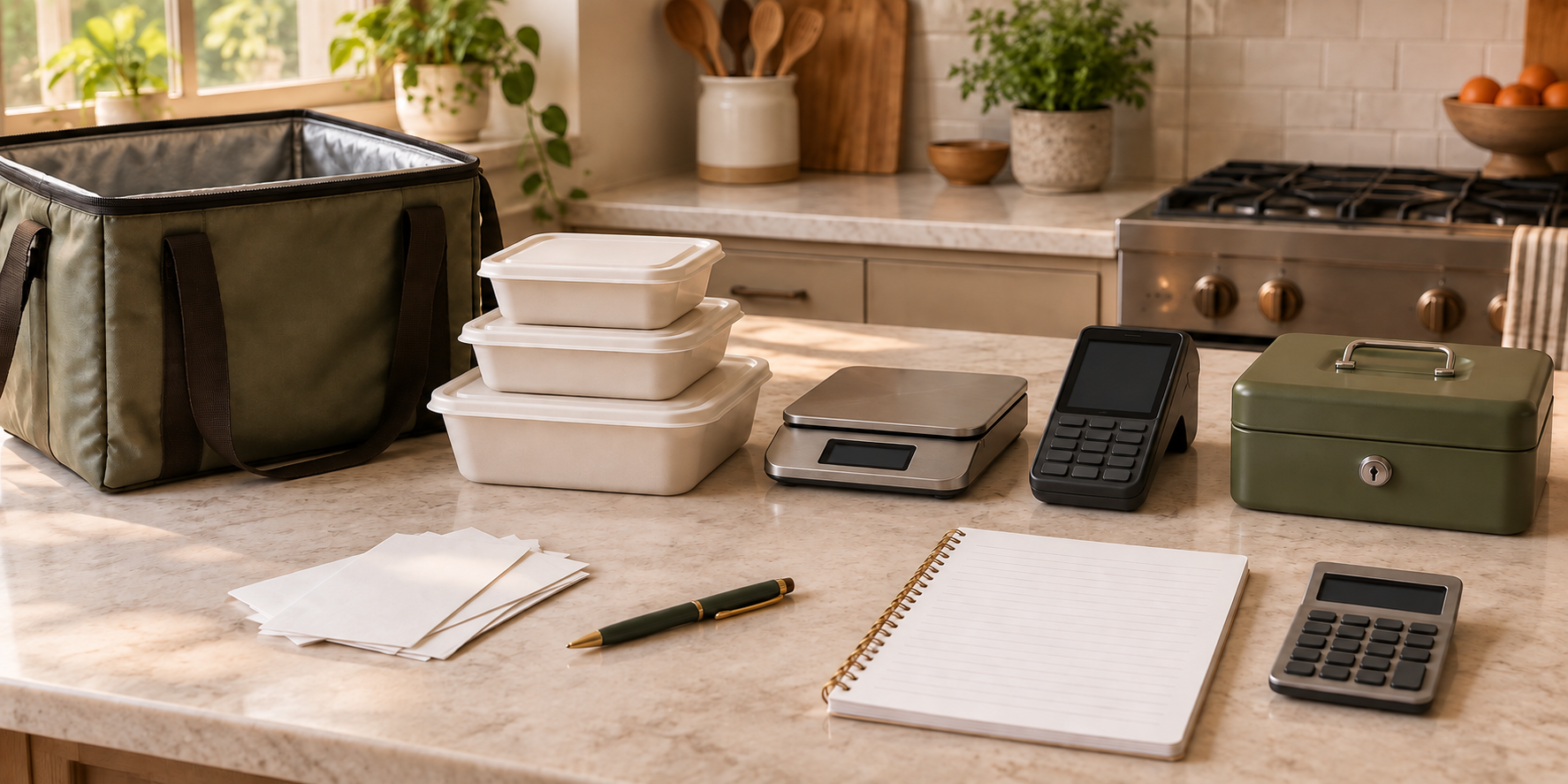 An empty pickup bag, unused containers, blank payment tools, receipts, and a ledger arranged for an end-of-sale financial closeout.