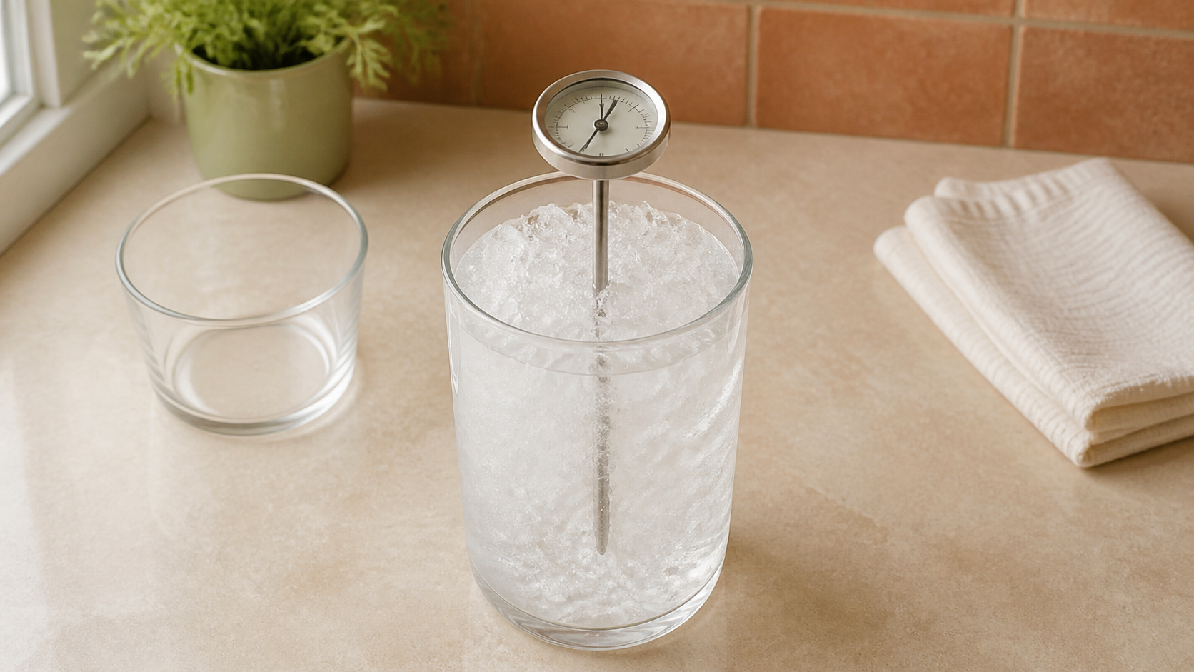 A clean dial food thermometer centered in a glass of crushed ice and water on a kitchen counter.