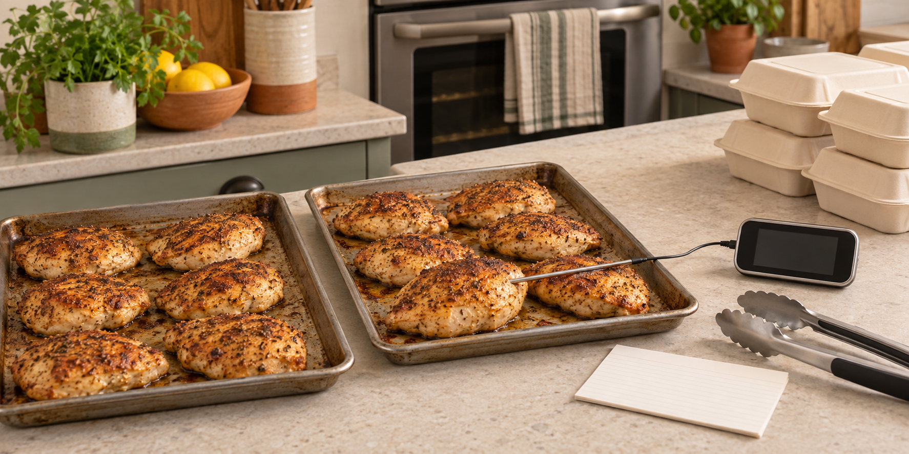 Two pans of cooked chicken portions with a blank probe thermometer inserted into the thickest piece beside a blank record card.