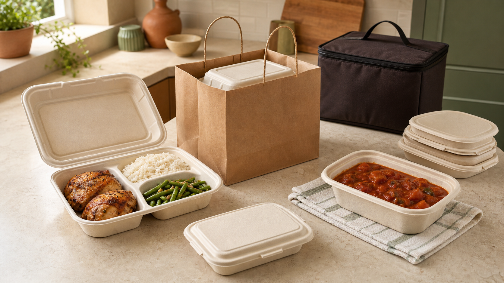Cooked chicken, rice, vegetables, and stew arranged in several takeout containers for a kitchen packaging test.