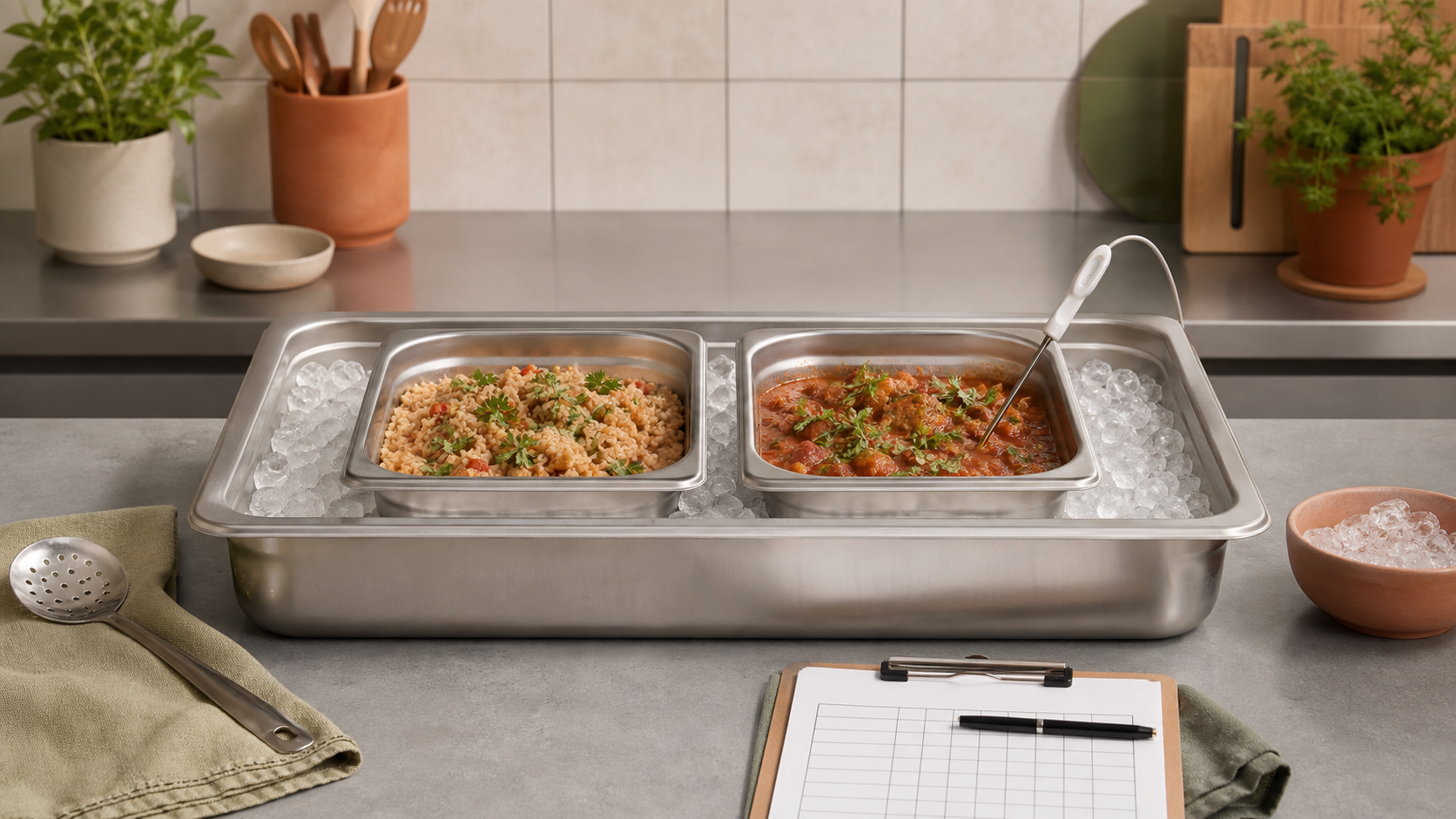 Shallow metal pans of cooked rice and stew cooling in an ice bath with a probe thermometer and blank log.