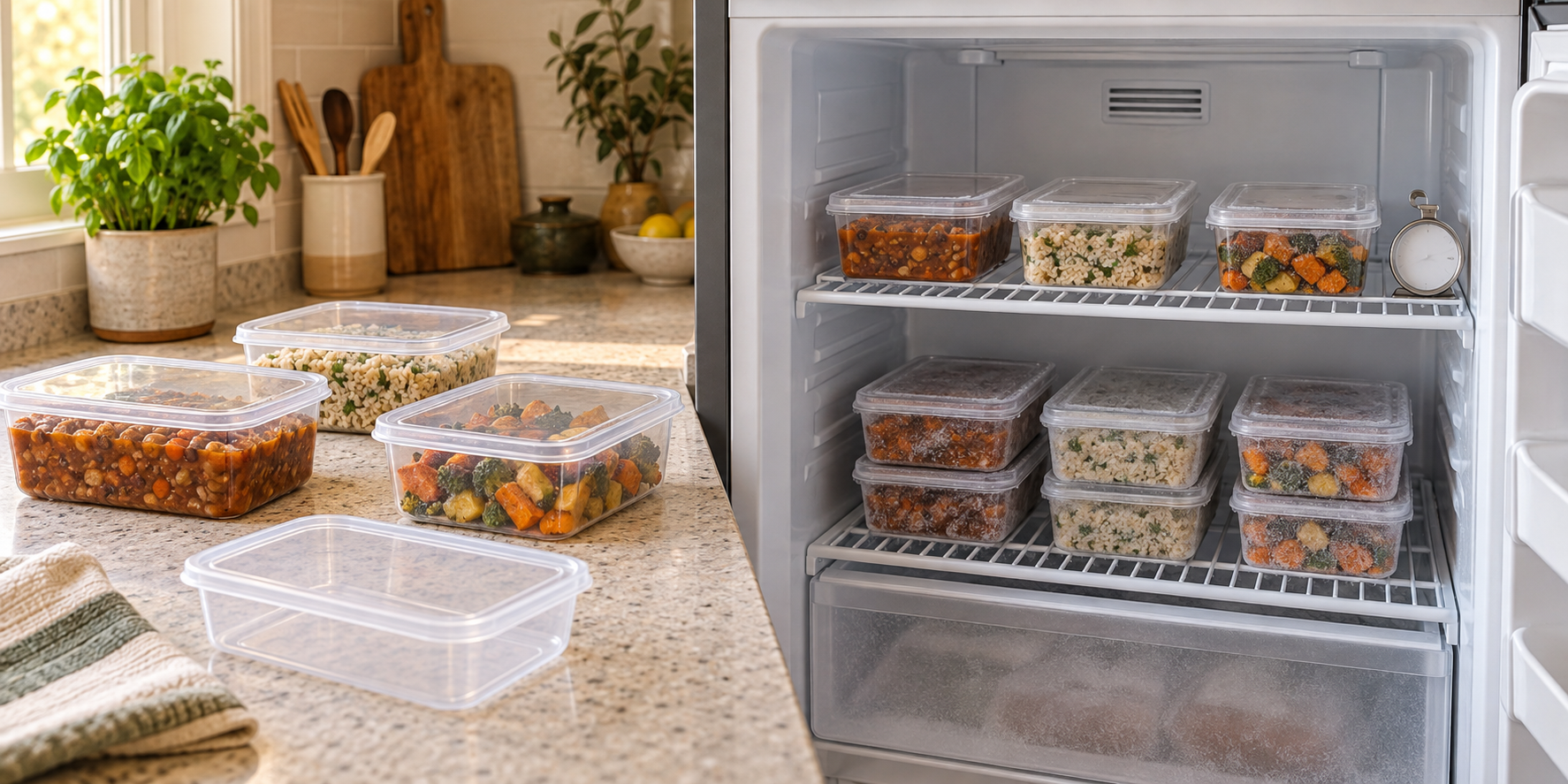 Sealed portions of cooked stew, rice, and roasted vegetables beside a freezer with spaced and stacked meal containers.