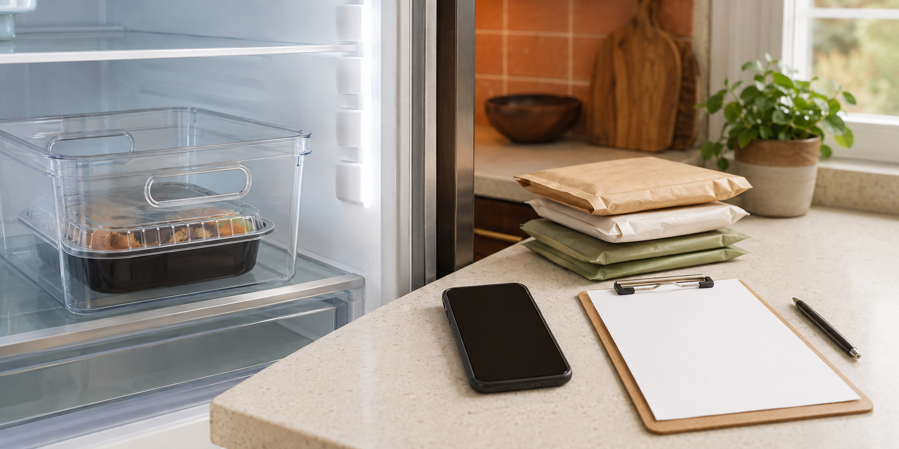 A sealed meal isolated in a clear refrigerator bin beside a blank phone and complaint record on a clean counter.