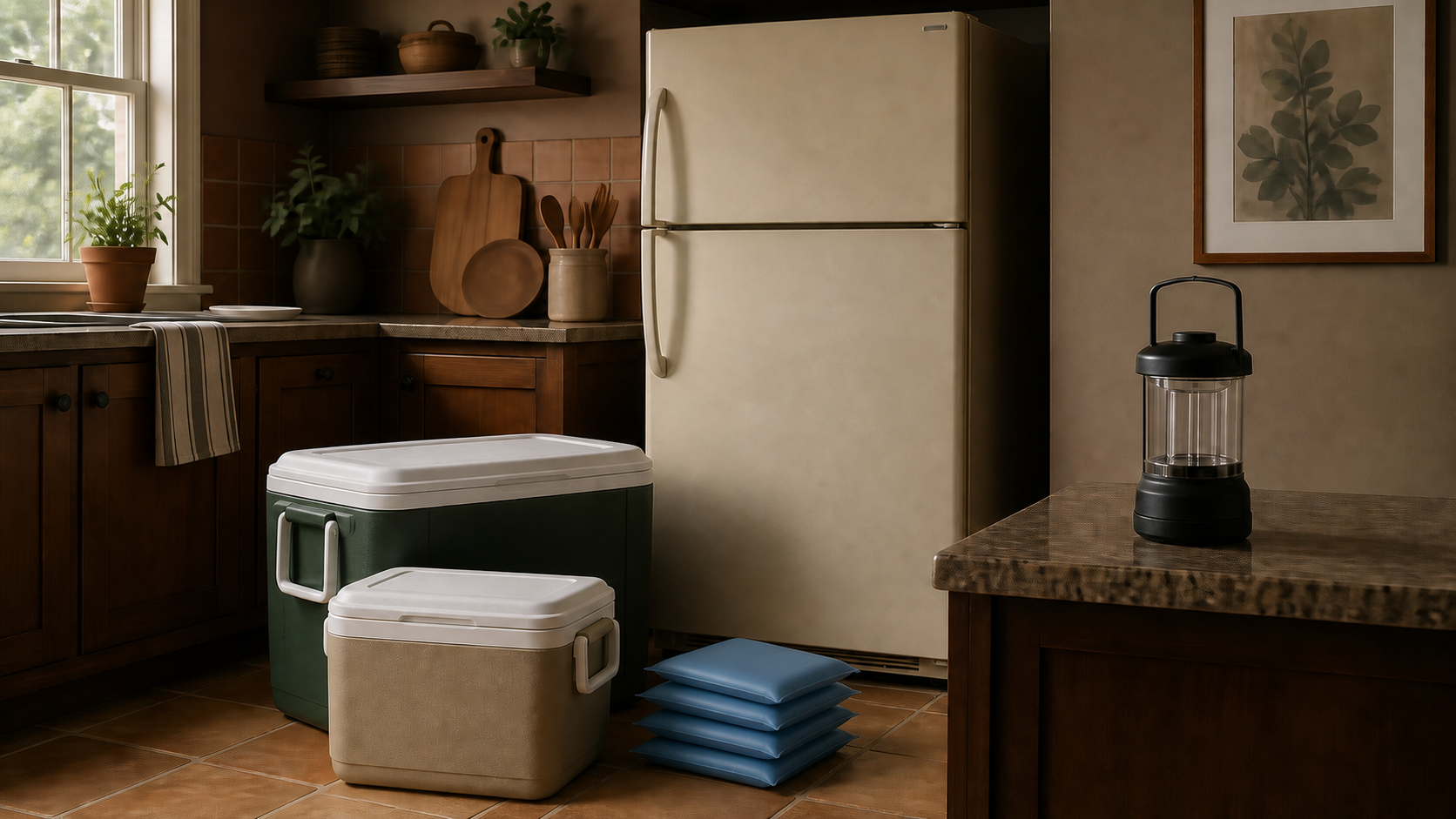 A closed refrigerator beside two insulated coolers, frozen gel packs, and a battery lantern in a dim home kitchen.