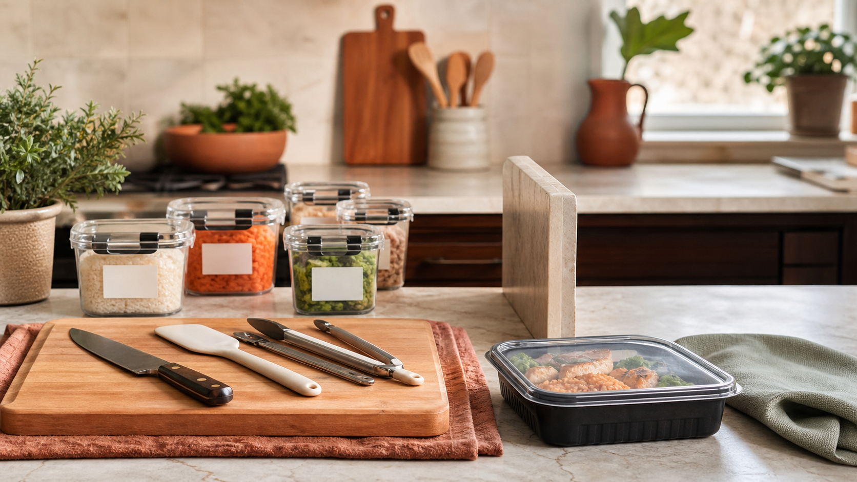 Separate clean prep boards, utensils, ingredient containers, and a sealed meal staged for an allergy order.