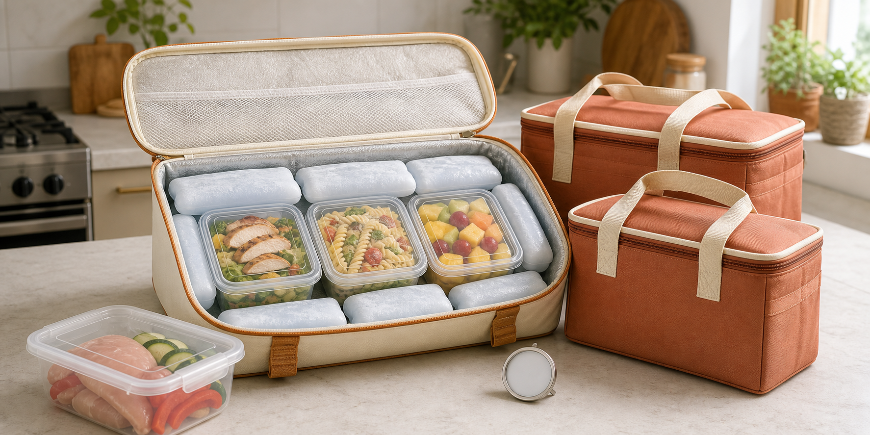 Sealed chilled meals packed among frozen gel packs in an insulated carrier beside two closed delivery bags.