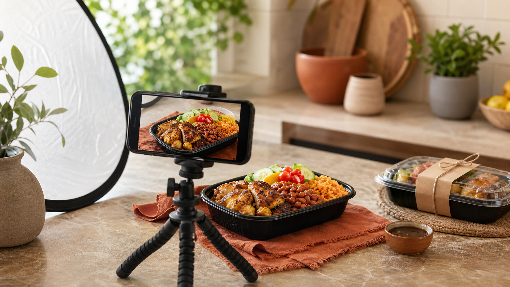 A smartphone on a tripod photographing a prepared meal tray beside a reflector in a warm kitchen.