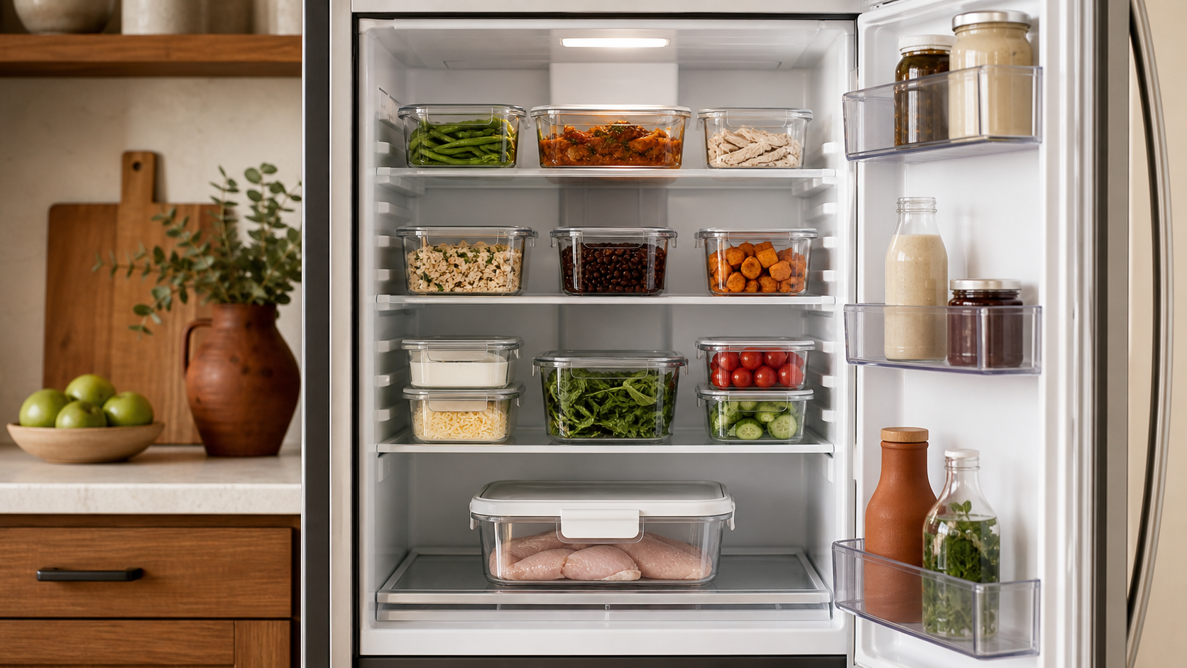 Sealed cooked food and vegetables arranged above a separate lidded bin of raw poultry in a clean, lightly loaded refrigerator.