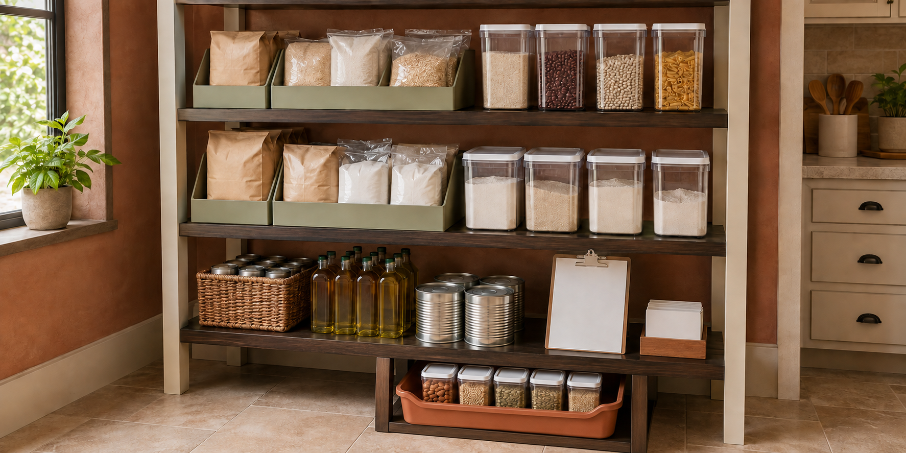 Dry ingredients in closed containers and shelf bins, with cans, cooking oils, and a separate raised bin of nuts and seeds.