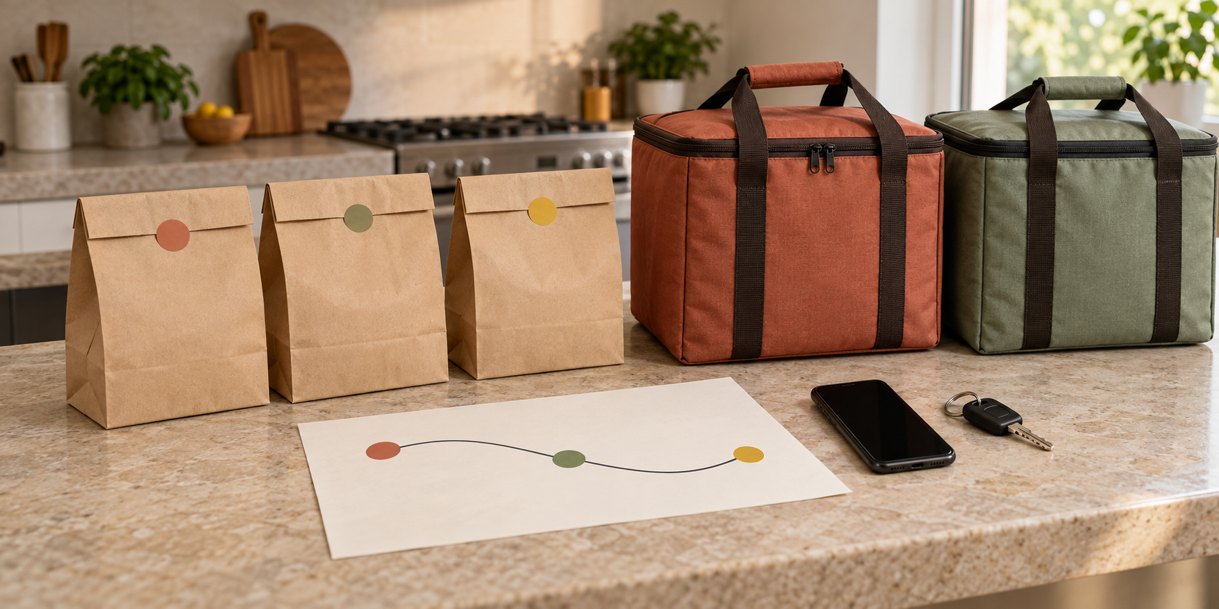 Sealed meal bags, two closed insulated carriers, and a blank route map with colored stop markers arranged on a kitchen counter.