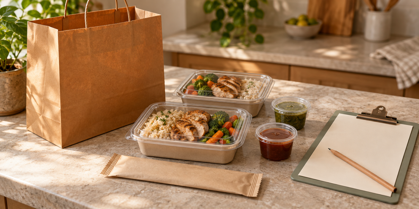 Two closed chicken meals, sealed sauce cups, a cutlery sleeve, a carry bag, and a blank packing card on a clean counter.