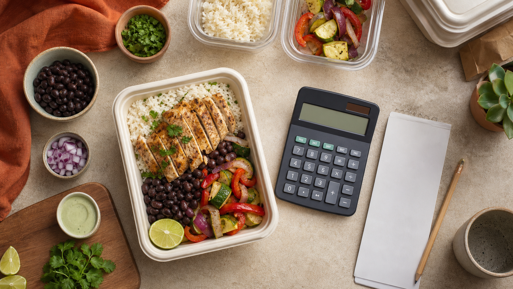 A prepared chicken meal tray with ingredient bowls, calculator, blank receipt, and pencil arranged for costing.