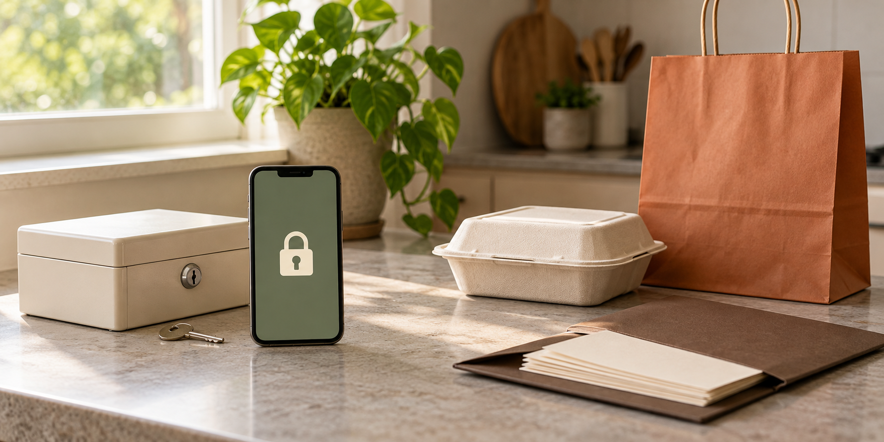 A phone displaying a padlock beside a locked document box, blank order slips, a closed meal container, and a terracotta bag.