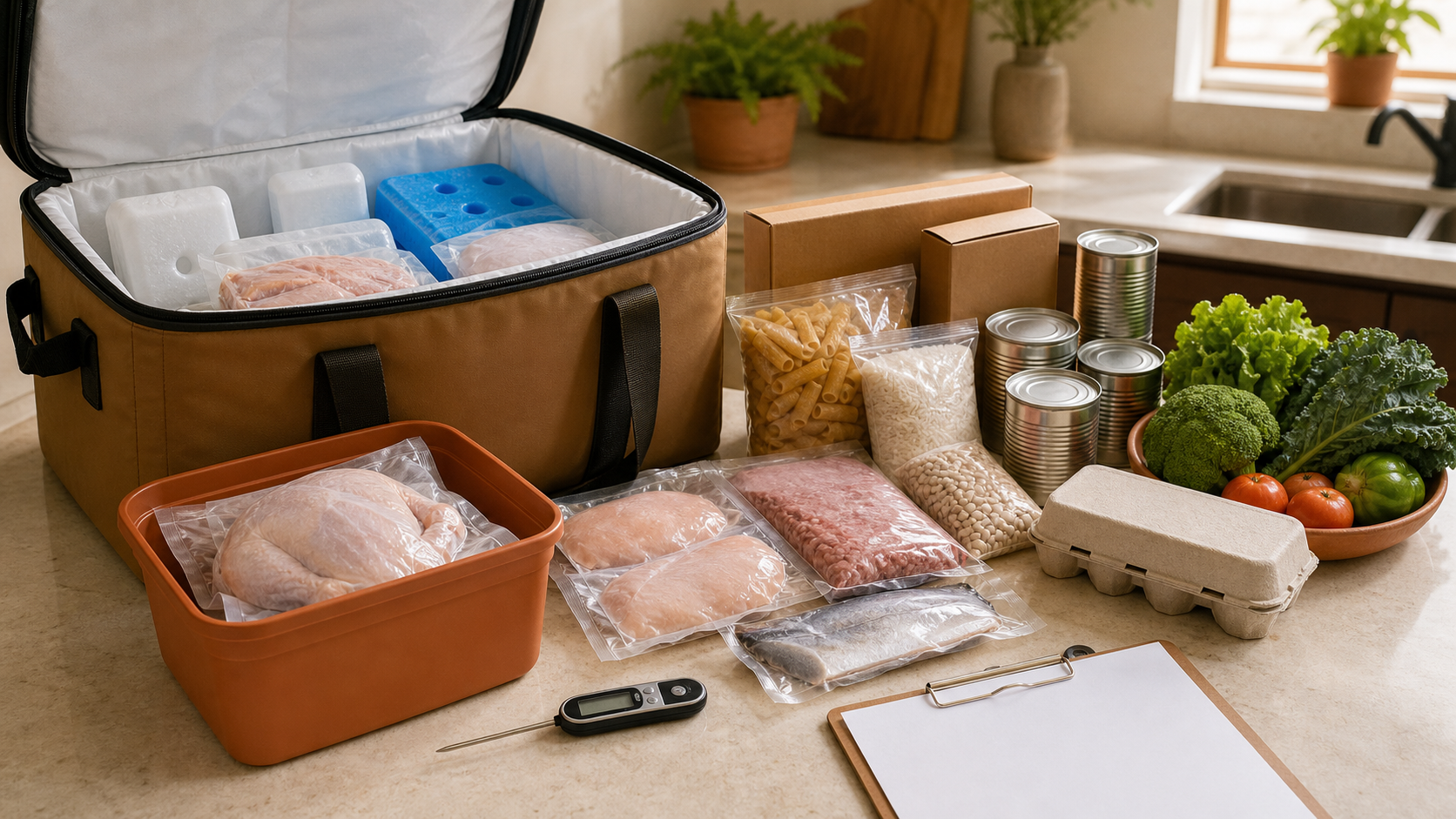 Sealed chilled foods, pantry staples, produce, a thermometer, and a blank receiving log beside an open insulated cooler.