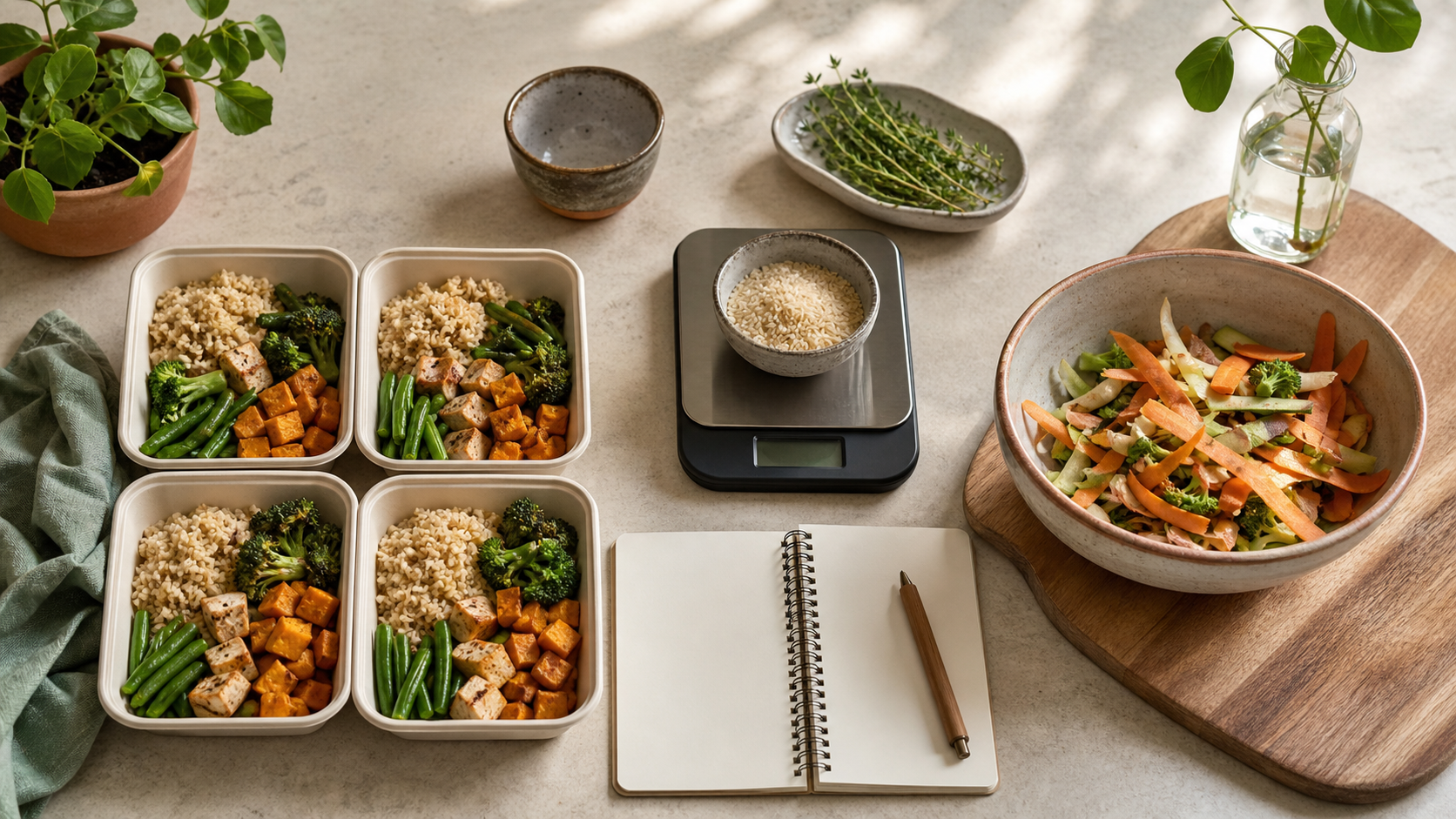 Four portioned meals beside a scale, blank log, and a small bowl of vegetable trimmings.