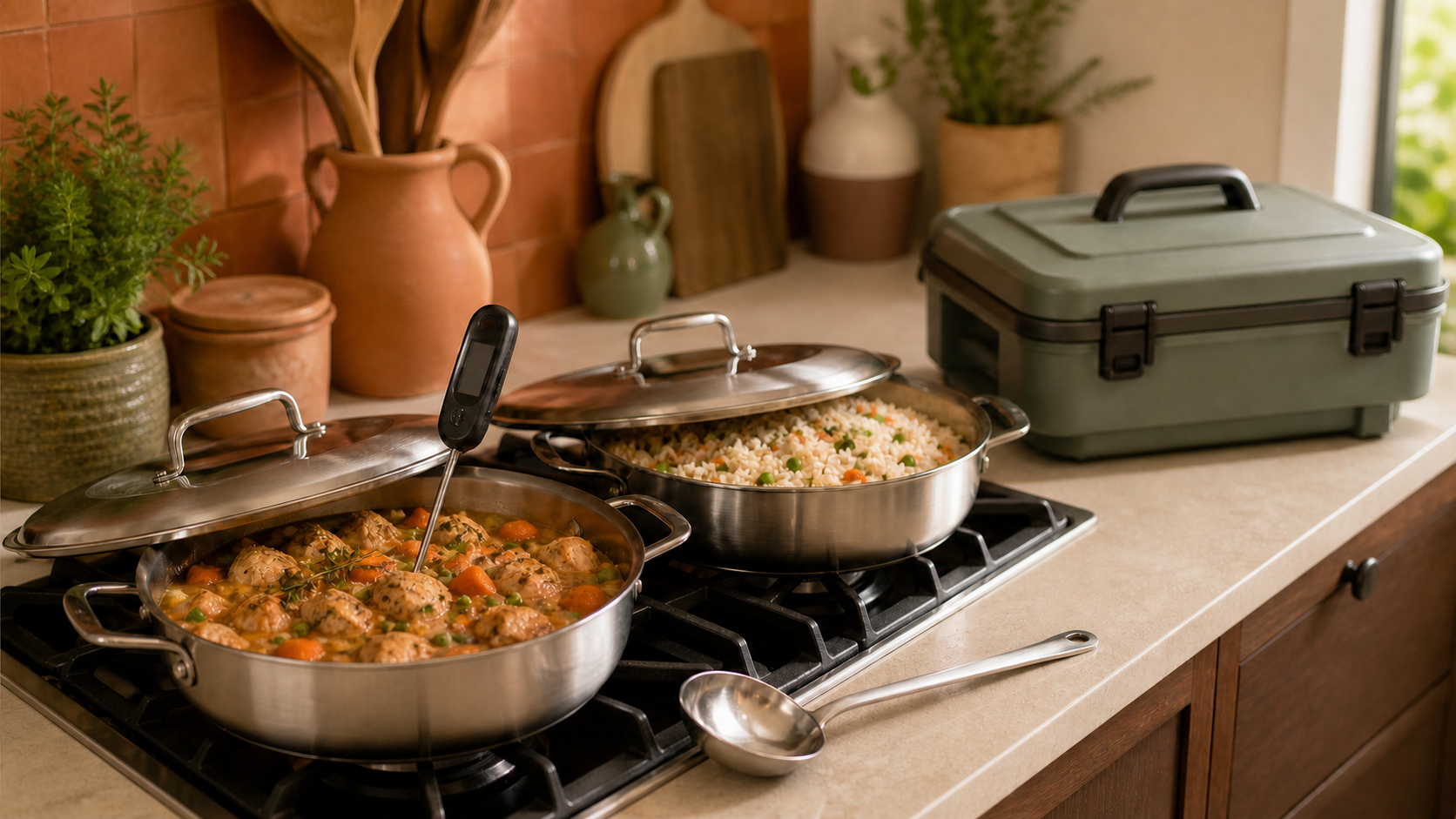 Two pans of cooked chicken stew and rice reheating on a stove with a probe thermometer and closed insulated carrier nearby.