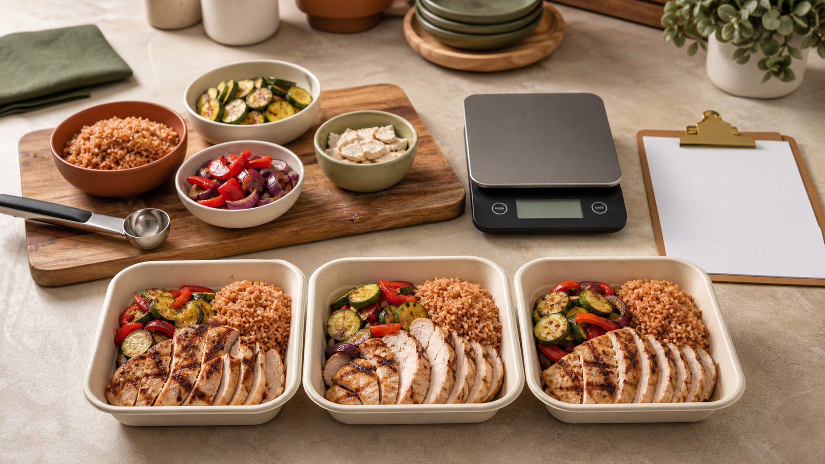 Three matching chicken meal portions beside a scale, scoop, ingredients, and blank recipe card.