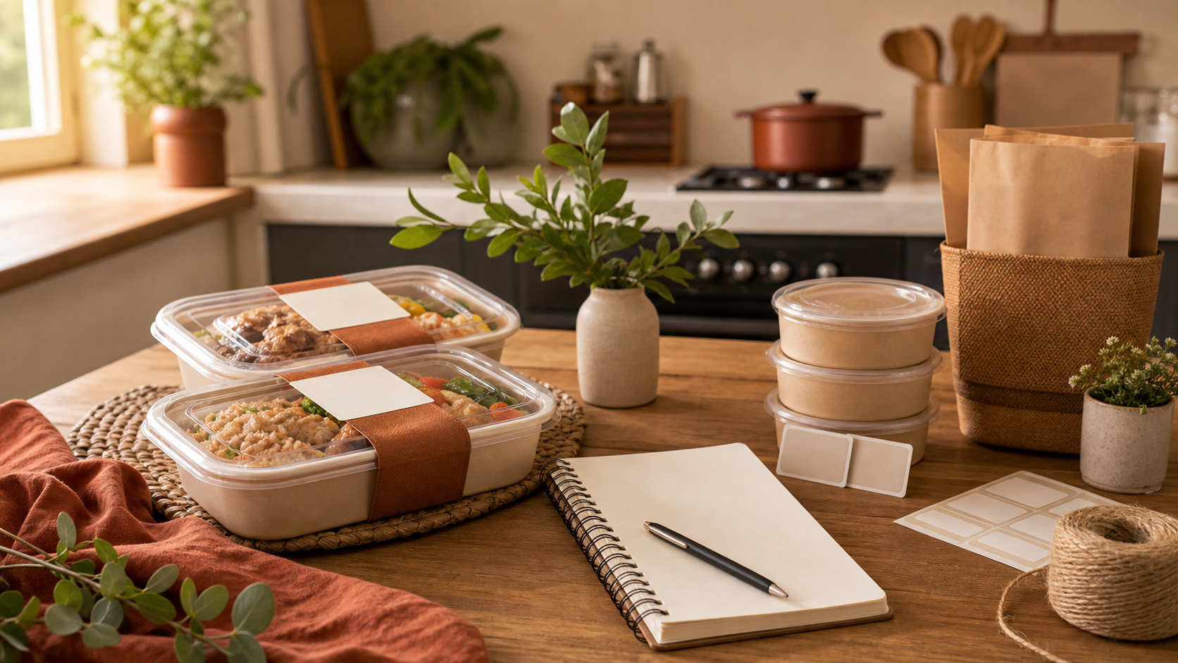 Two prepared meal containers beside labels, an order notebook, spare containers, and pickup bags in an organized kitchen.