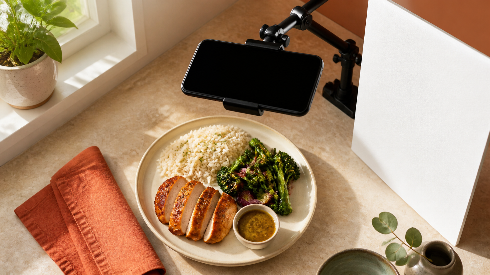 A phone on an overhead clamp photographing roasted chicken, rice, vegetables, and sauce beside a window and white reflector.