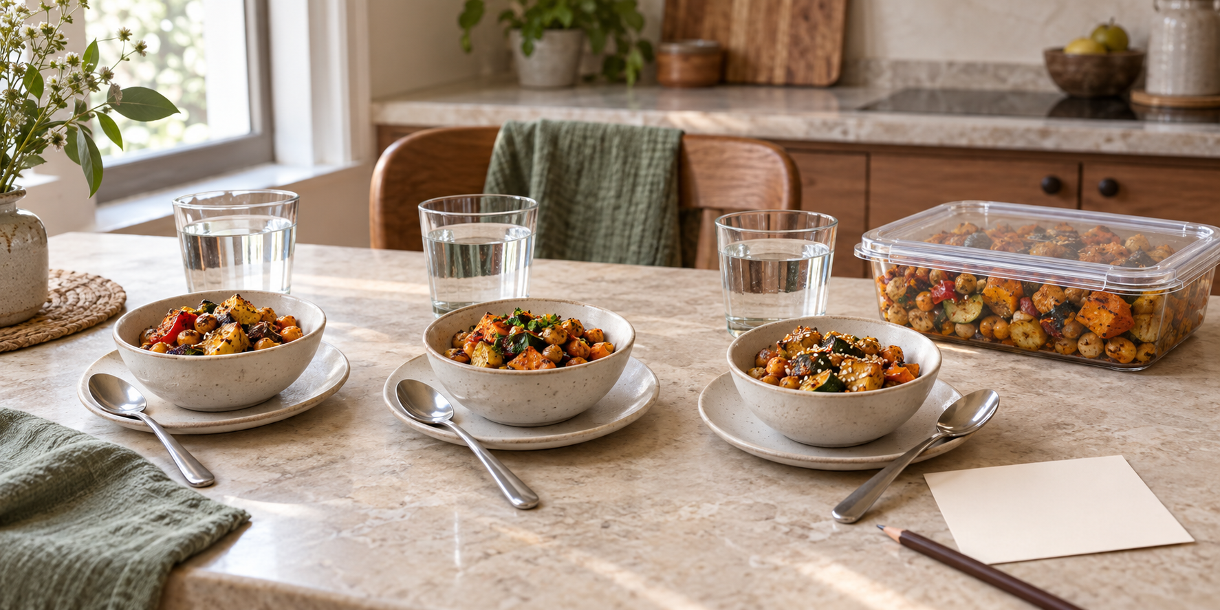 Three vegetable and chickpea tasting bowls with separate spoons and water glasses beside a sealed meal and blank feedback card.