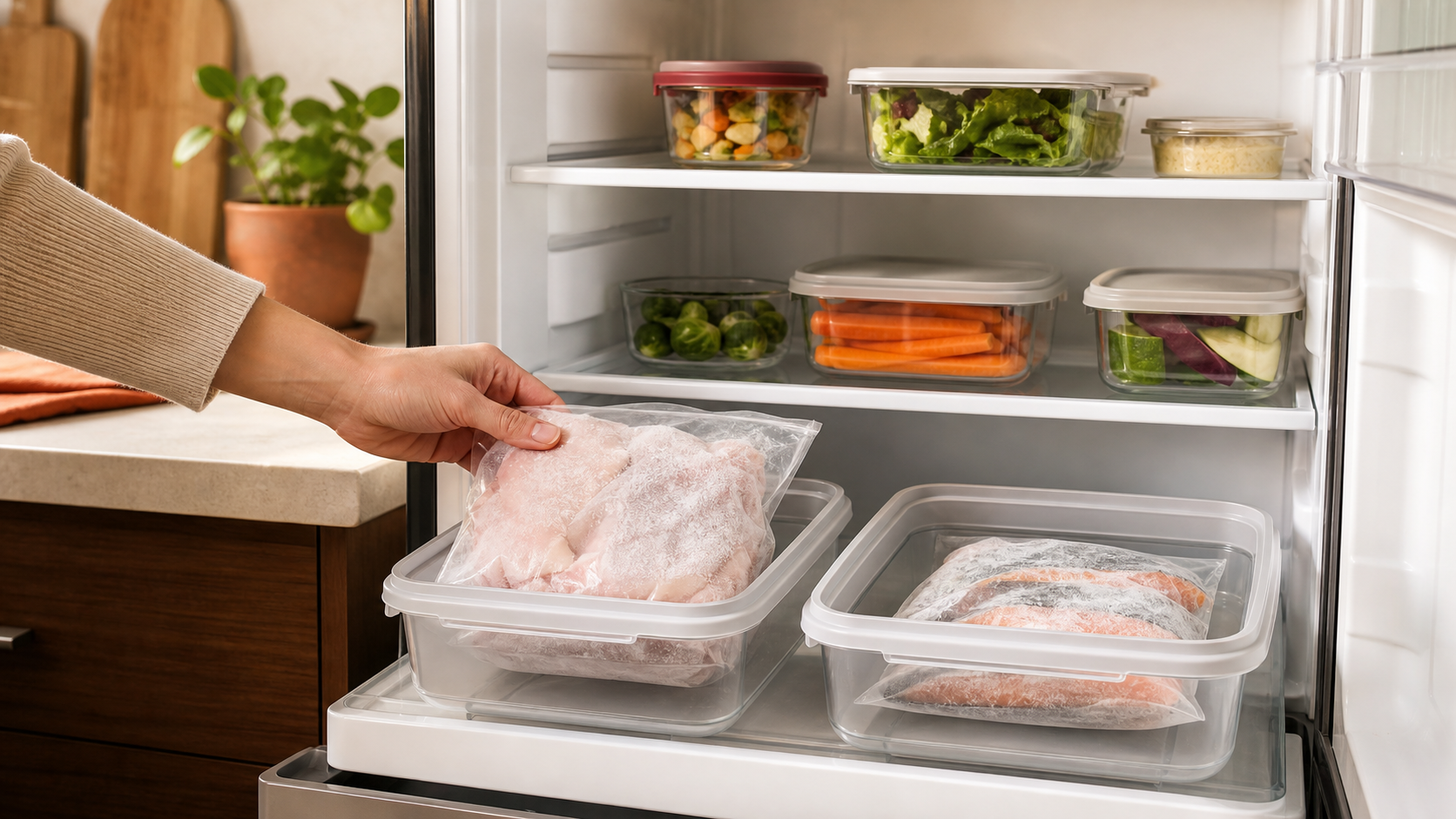 Frosted sealed poultry and seafood packages thawing in separate leakproof bins on the lowest refrigerator shelf.