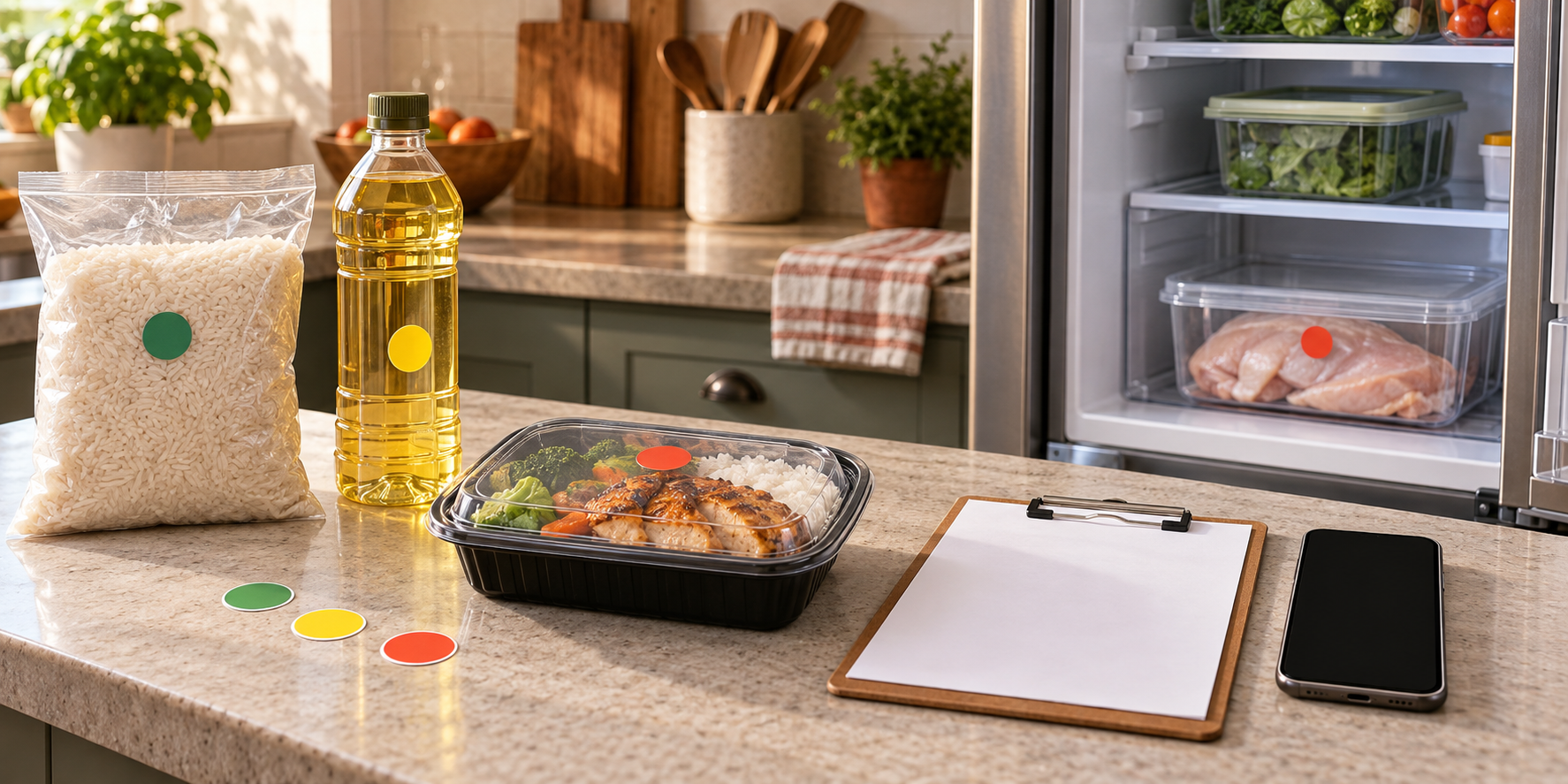 Sealed rice, cooking oil, raw poultry, and a prepared meal marked with plain color dots beside a blank recall worksheet.