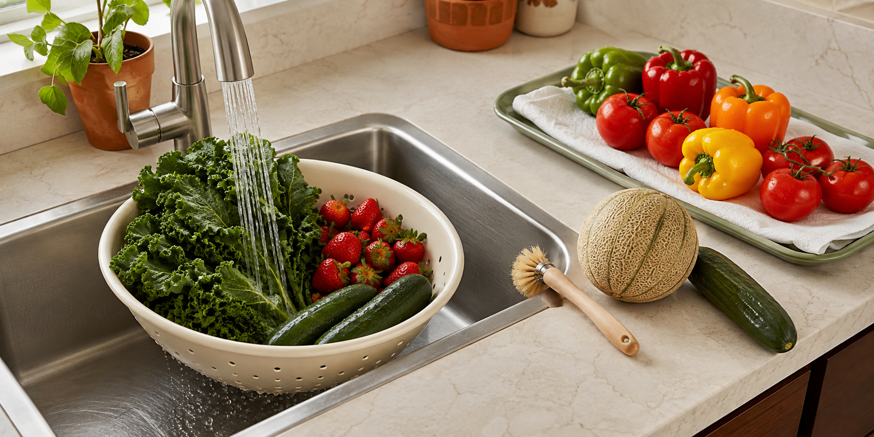 Whole greens, strawberries, and cucumbers rinsing under a faucet in a cream colander beside clean peppers and tomatoes draining on a tray.
